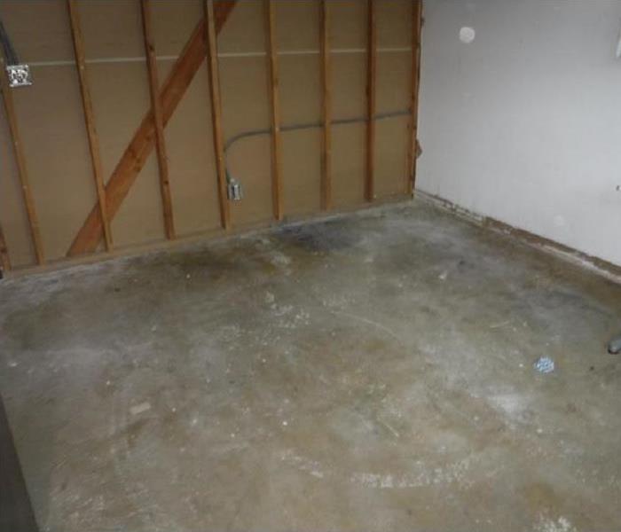 A room with clean studs and a bare floor with no carpet or padding. 