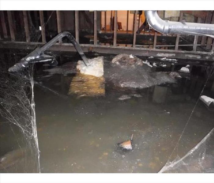 a crawlspace filled with contaminated water. A pipe is floating in the water.