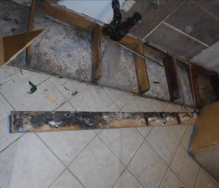 A kitchen sink and counter that has been removed. The moldy, wood studs are left. 