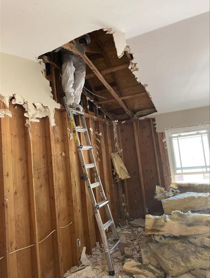 A technician pulling insulation from the ceiling and dropping it on the floor.